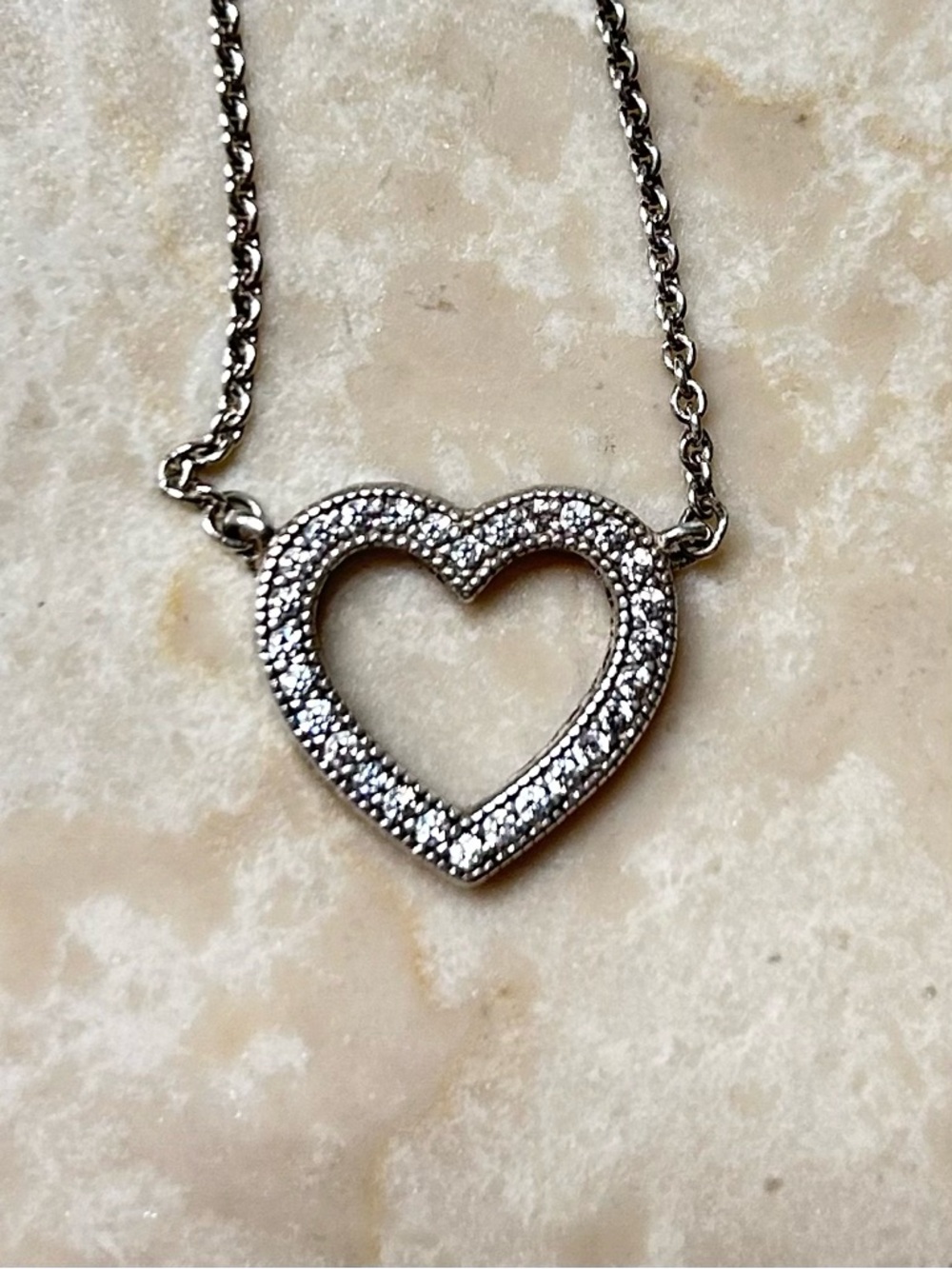 Pandora Sterling Silver Heart Necklace with Crystal Detail – Adjustable Chain